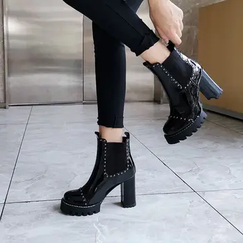 ALLBITEFO moda nituri din piele tocuri inalte sexy femei cizme de înaltă calitate glezna cizme pentru femei de iarnă cizme fete