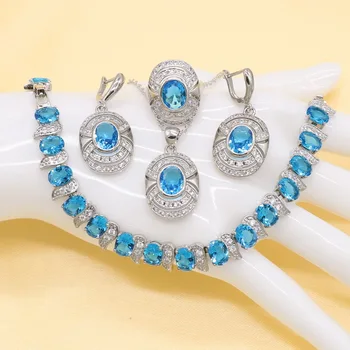 Albastru Set de Bijuterii de Moda pentru Femei Inel de Înaltă Calitate, Frumos Rotund Bagheta Formă Cubic Zirconia Colier Cercei Pandantiv