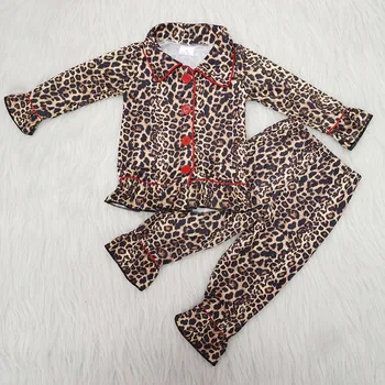 Fete pentru copii haine de copil maneca lunga zburli design butoane rosii leopard de imprimare copii Îndrăgostiților pijamale seturi de pijamale