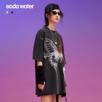 SODAWATER Femeie tricou Vrac se Potrivi Cu Fluture de Imprimare Fete O-gât Rupt Hip-Hop cu Maneci Scurte T-shirt Femei Streetwear 1292S20