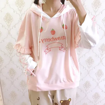 Harajuku Kawaii Capsuni Grafic Tricou Hanorac Femei Streetwear Femei Vrac Subțire Hanorac Dragut Hanorace Bandaj Maneca