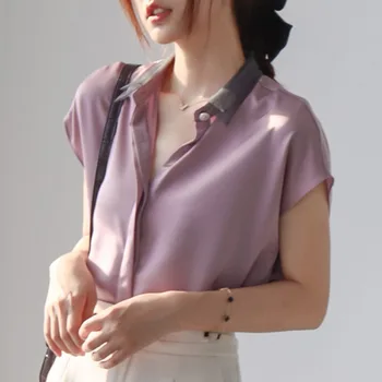 Femei Bluza De Vara 2020 Nou Bluze Din Satin Moda Stil Occidental Șifon Mâneci Scurte Design Ușor Și Subțire Decora Tricouri