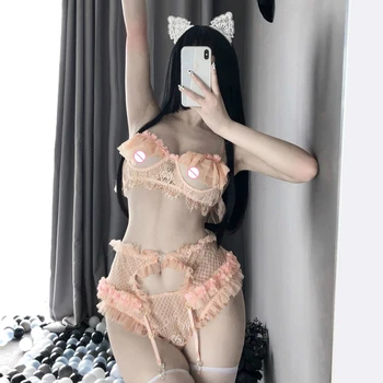 Drăguț Sexy Lolita Vaca Costum De Scolarita Plasă Menajere Tinuta Anime Chilotei Kawaii Lenjerie Micro Bikini Mini Deschide Chilot Sutien Jartiera