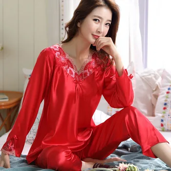 Set pijama Femei Plus Dimensiune Multi-color Două Piese de Acasă Haine de Femei cu Maneca Lunga, Pijamale pentru Femeie Confortabil Casual Mătase Chic