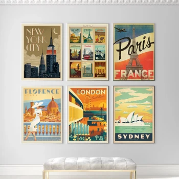 Nordic Epocă De Călătorie Orașe Poster New York, Paris, Londra, Sydney Florența Peisaj Artă Panza Pictura Pe Perete Poze Decor Acasă