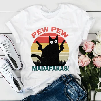 Pew Pew Madafakas Print T-shirt Femei Kawaii Drăguț Lenes Cu Arma Meme Retro Amuzant Tricou Mâneci Scurte Umor Cadou Topuri Tricou
