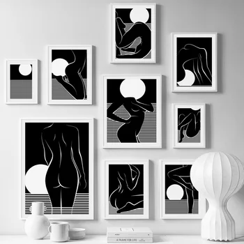 Alb-Negru Linie De Femeie Sexy Luna Corpului Nud, Arta De Perete Panza Pictura Nordică Postere Si Printuri Decor Imaginile Pentru Camera De Zi