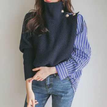 Femeile Din Coreea De Guler Indesata Pulover Supradimensionat Mozaic Tricota Pulovere Pulover Și Săritor 2020 Primăvară De Iarnă Tricotate De Sus