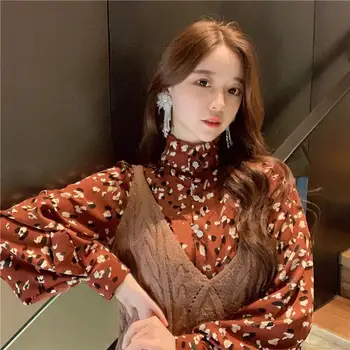 2019 Tricouri Imprimate Bluze Sexy Femei De Moda Cu Maneci Lungi Stil Coreean Design Guler Ciufulit Top Cu Print Floral Bluza Vintage