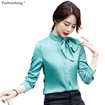 De înaltă Calitate Casual Alb Bluza Verde Topuri Femeile Fata Dulce S-4XL Stand Guler Solid Tricou Cu Arcul