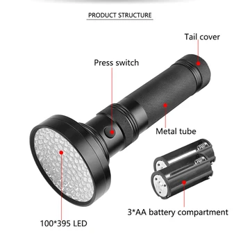100W Lanterna UV 100 Led-uri 395nm UV Lanterna LED-uri Spate Detector de Lumina pentru Câine Urină de Pisică, animale de Companie Pete, Bug-uri de Pat, Scorpioni 6 x AA