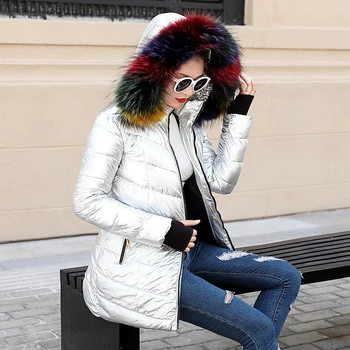 Femei jachete de iarnă Scurt haină călduroasă de culoare Argintie stil 2019 doamnelor geaca de Lux guler de blană, plus marimea S-3XL