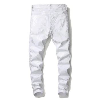 Sokotoo Men ' s argint piele de sarpe alb imprimat blugi de Moda slim fit stretch denim pantaloni