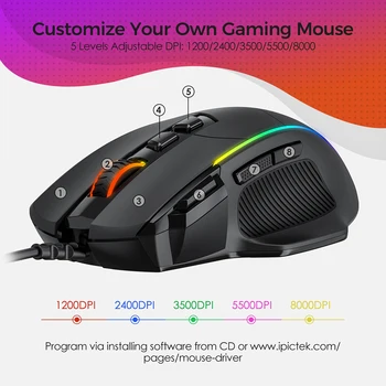 PICTEK PC278 Gaming Mouse Ergonomic cu Fir Mouse de Calculator Gamer 8 Butoane Programabile Șoareci cu 8000 DPI, RGB cu iluminare de fundal pentru PC Joc