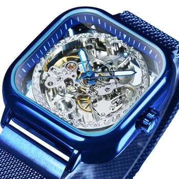 CÂȘTIGĂTORUL de Moda de Lux de Aur Ceas Skeleton Automatic Ceasuri Mecanice Pentru Bărbați Ultra Subțire Plasă Curea Bărbați Ceas часы мужски