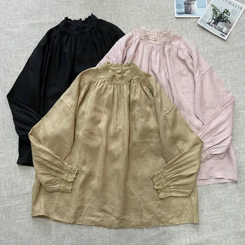 Johnature Primăvara Anului Nou Japonez Lenjerie De Libertate Mozaic Dantela Tricouri 2021 Vintage De Culoare Solidă Femei Bluze