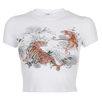 Rockmore Caracter Dragon Imprimat Cu Maneci Scurte O-Neck Crop Top Skinny Alb Casual Drăguț Topuri Pentru Femei Bază Tricouri Streetwear