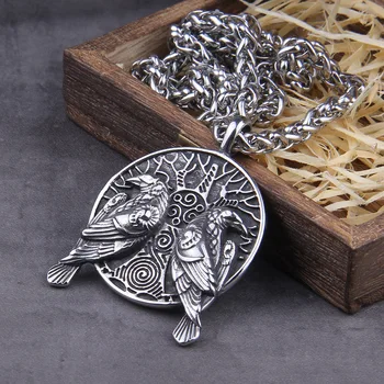 Norse talismanul lui Odin Doi Corbi Corbi Huginn și Muninn pandantiv pe pomul vieții colier