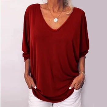 2020 Toamna de Moda pentru Femei Culoare Solidă Vrac Mult Sleevewomen T-shirtsV-gat Buton Femei Pulover Sexy Plus Dimensiune Topuri tricouri