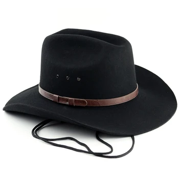 Mens Lână Simțit Outback de Vest Cowboy Hat, Fedora în aer liber Margine Largă Pălărie cu Curea, Culoare Negru / Maro
