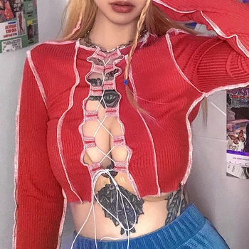 Femei De Moda Criss Cross Topuri De Cultură Gol Maneca Lunga Bodycon Tricot Cu Dungi Tricou Dantelă Sus Mozaic Tees