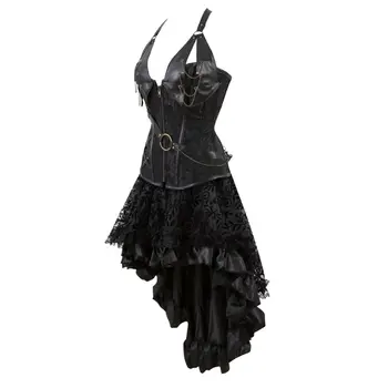 Femeile Gotic Steampunk Rochie Corset Costum de Pirat din Piele PU Corset Bustiera Lenjerie de Sus Cu Asimetrică Florale Dantela Fusta Set