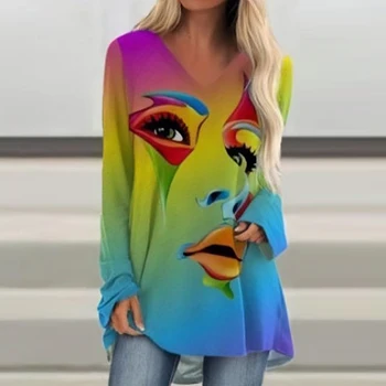 Toamna Casual Imprimare Tricou Femei Abstract Față Print V-Neck Maneca Lunga Tricouri Largi Topuri Lungi Tee T Shirt Doamnelor Pulover S-5XL