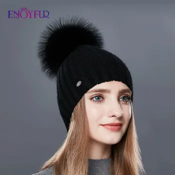 ENJOYFUR Moda Dungi Verticale Pălării de Iarnă Pentru Femei Cașmir Tricotate Pălărie de sex Feminin de Înaltă Calitate Blana Pom Pom de Toamnă Caldă Tudorache