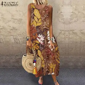 2021 ZANZEA Vara Femei Vintage Florale Imprimate Sundress Boeme Rochie Lunga de Plaja Vestido rochițe scurte fără mâneci Rochii fără Mâneci Plus Dimensiune