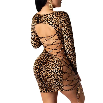 Backless Leopard Bandaj Rochie Bodycon Mini Pentru Femei Low-cut cu Maneci Lungi U Neck Dress Pentru Femei Skinny Petrecere de Moda Rochie de