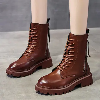 COOTELILI Femei Cizme Glezna 2020 Noua Moda Pantofi Rotund-Deget de la picior 4.5 cm Toc Zip Si Dantela Sus Pantofi Pentru Femeie Maro Negru 35-40