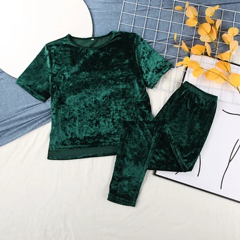 HECHAN Catifea de sex Feminin Set de Pijamale cu Maneci Scurte Acasă Costum Pentru Femei Pantaloni Solid Cald Body Albastru Verde Vrac Pijamale de Iarna