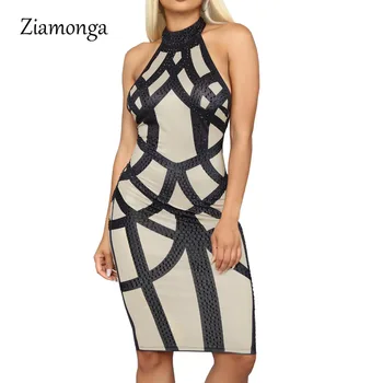 Ziamonga 2019 Sexy de Design de Moda Rochie Bandaj Pe Umăr Gât Înalt Femei Rochie Genunchi Lungime Midi PU Rochie Bodycon Vestidos