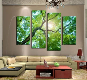 4 bucăți de Imagini de Peisaj Imprimare Pe Canvas Abstract Chitara Poze de Perete Pentru Camera de zi de Perete de Arta Soare Copac Verde Picturi