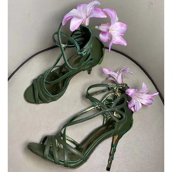 Verde Piele De Oaie Flori Sandale Femei, Sandale Cruce Curea Roz Pantofi Cu Toc Femeie Sexy Pantofi De Nunta