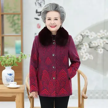 Femeile În Vârstă De Iarna Plus Catifea Sacou Cald Haina 2019 Guler De Blană Îngroșa Bumbac Paltoane Vechi Bunica Scurt Elegant Îmbrăcăminte Exterioară W1463