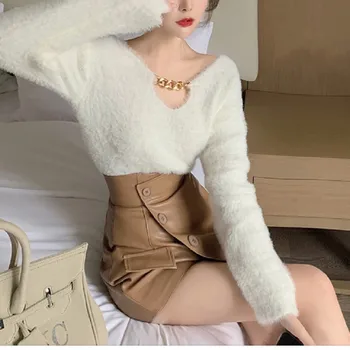 Scurtă alb V-neck Pulover Femei Nou Toamna Și Iarna Vrac coreean Moale Vânt Leneș Tricotate de Sus