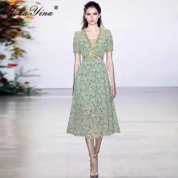MoaaYina Designer de Moda rochie de Vara Rochie de Femei V-Neck maneca Scurta Linie de Aur Broderie imprimeu Floral Rochii Elegante