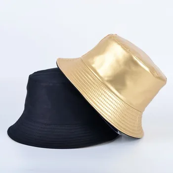 2021 Apring Faux Din Piele Găleată Pălărie Dublă Față-Verso Pălărie Pu Și Bumbac Solid Palarie De Soare De Vară De Moda Doamnelor Panama Pescar Capac