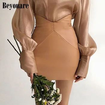 Beyouare Vintage Elegant Talie Mare, Solid din Piele PU pentru Femei Fusta Casual Slim Asimetric Talie Fusta Mini 2020 Moda Streetwear