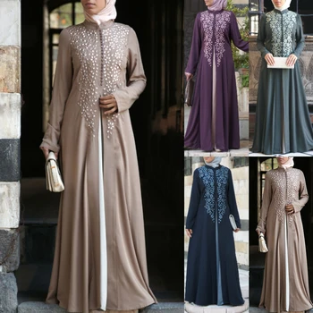 Plus Dimensiune S-5XL Musulman Abaya Rochii de Fals Două Piese Femei Hijab Rochie de Stand Guler Aplicatiile de Imprimare Florale halat de Haine Islamice
