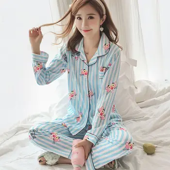 Set de pijama Femei de Primăvară și de Toamnă Nou Stil Casual Femei Fold-down Cardigan cu Maneci Lungi de Mari dimensiuni de Desene animate cămașă de Noapte Fata