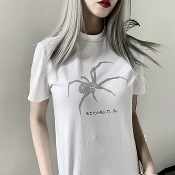 InstaHot Casual Spider Print T-shirt Doamnelor Maneca Scurta Bumbac Gât Vara Gotice Punk Top Tee Reflectorizante Flash Femei Tee