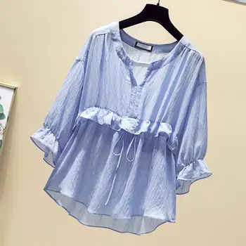 Femei Primavara-Vara Stil Șifon Bluze Tricou Femei Dantelă Sus V-neck Culoare Solidă Mozaic Elegante, Topuri SP259
