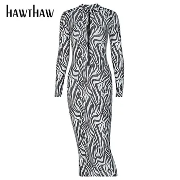 Hawthaw Moda De Toamna Cu Maneci Lungi Streetwear Fermoar Zebra Cu Dungi Imprimate Slab Creion Bodycon Rochie 2021 Haine De Toamna