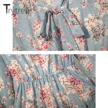Trytree 2020 Toamna Femei Casual Papion Guler Flare Sleeve Print Moda O linie de Volane de la Jumătatea Vițel Liber 2 Culoare Office Lady Dress