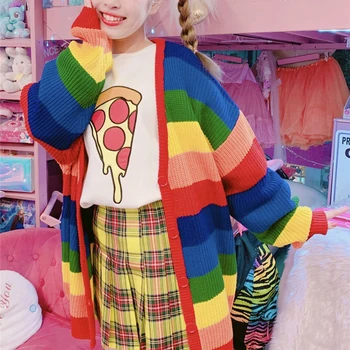 Fete stil Lolita toamna pulovere cardigan lung curcubeu colorate singur pieptul liber casual dulce strat tricotate pentru femei doamne