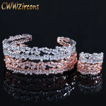 CWWZircons Brand de Moda Bagheta Cubic Zirconia Rose Gold Inel și Brățară Manșetă Brățară de Bijuterii Seturi pentru Femei T312