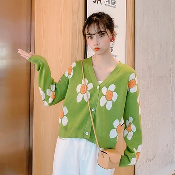 Femei Stil coreean Imprimare Florale V-neck Cardigane Tricotate Femei Casual Supradimensionate Toate-meci Pulover O Mărime