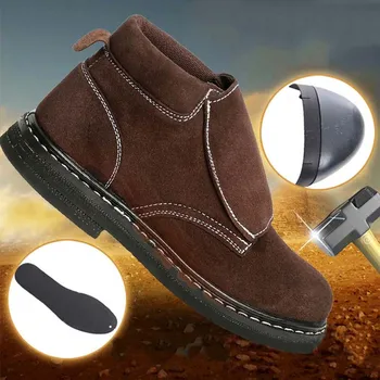 Mens Ghete De Siguranță Pantofi Formatori Steel Toe Brown Extra Largi De Vacă Din Piele Placă De Oțel Midsole Cald Iarna Zapada Ghete